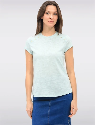 Haut Rayé à Manches Courtes en Mélange de Coton avec Détails Boutons par GWV