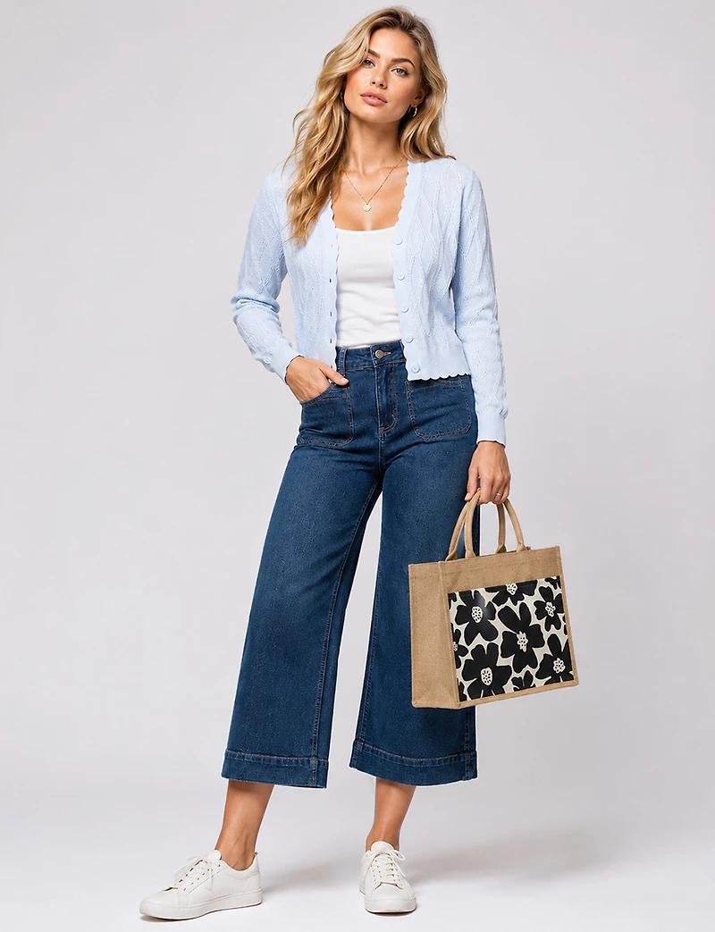 Sac en Jute Durable et Déperlant avec Motif Floral et Poche Extérieure