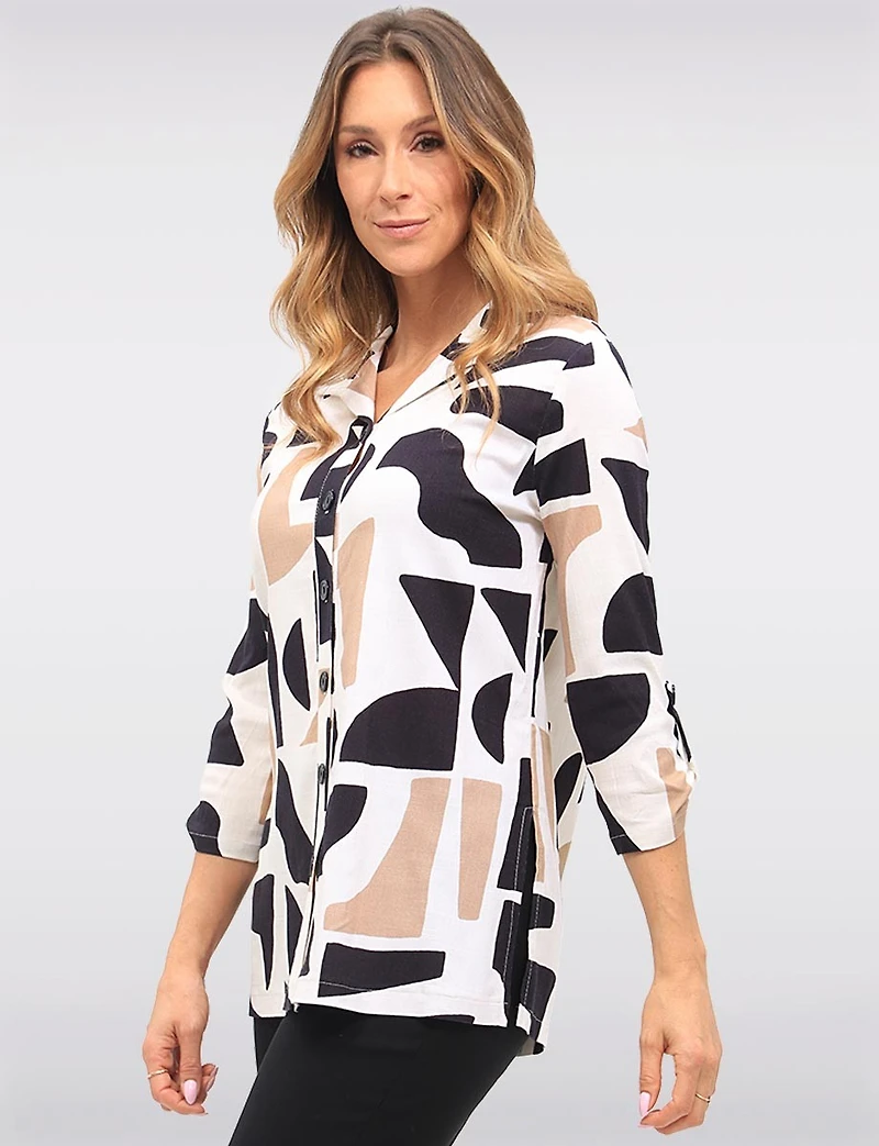 Blouse Boutonnée à Imprimé Abstrait Manches Longues & Fentes Latérales par Devia