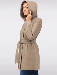 Manteau Chic à Capuche Imitation Melton Vegan Ceinture Amovible par Point Zero