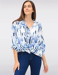 Blouse Boutonnée à Imprimé Rayé et Floral avec Ourlet Arrondi par Froccella