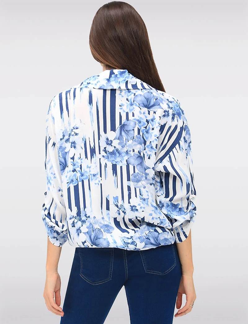Blouse Boutonnée à Imprimé Rayé et Floral avec Ourlet Arrondi par Froccella