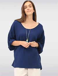 Haut en Coton texturé à Manches 3/4 Col V Coupe Ample & Collier par Froccella
