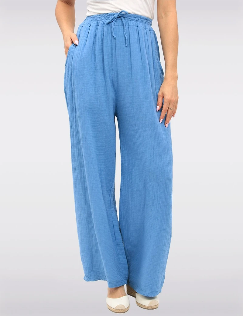 Pantalon Large en Coton Texturé avec Taille Élastique & Poches par Froccella