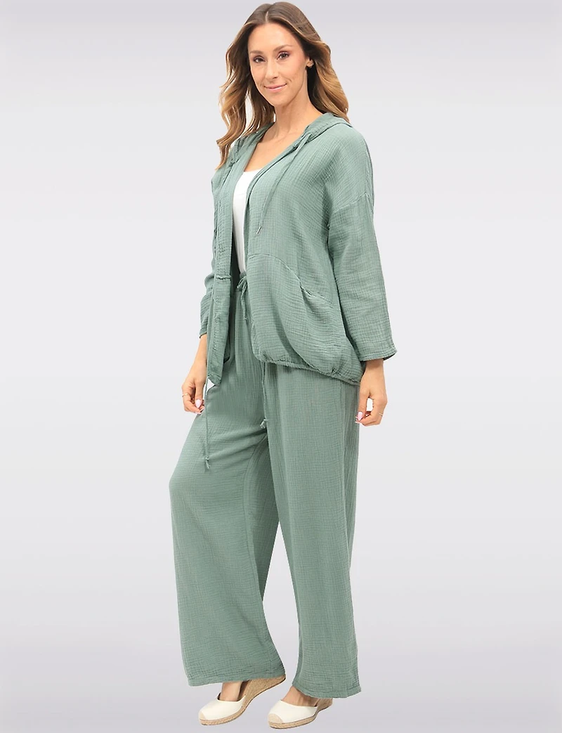 Pantalon Large en Coton Texturé avec Taille Élastique & Poches par Froccella