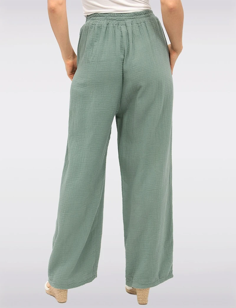Pantalon Large en Coton Texturé avec Taille Élastique & Poches par Froccella