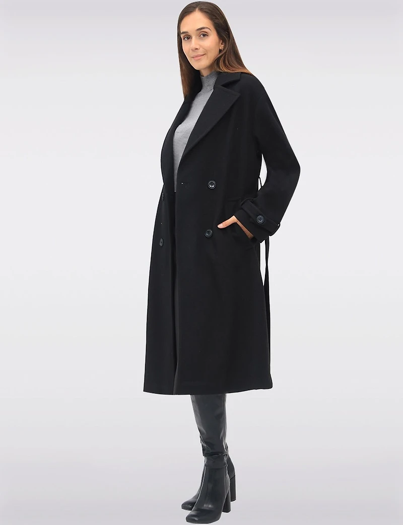 Manteau Long Chic à Double Boutonnage Ceinture Amovible & Fente au Dos par Sebby