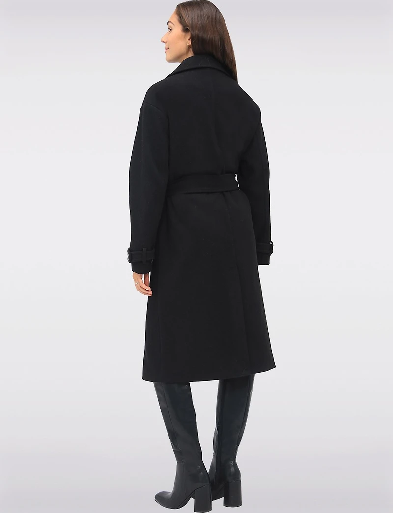 Manteau Long Chic à Double Boutonnage Ceinture Amovible & Fente au Dos par Sebby