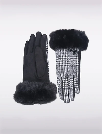Gants d’hiver Chics à Carreaux avec Détail de Nœud et Poignet en Fausse Fourrure