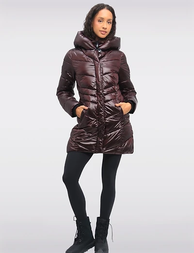 Manteau Matelassé Vegan Mi-long Brillant Avec Capuche Intégrée par Point Zero