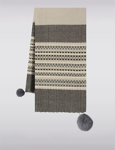 Écharpe Oblong à Patchwork de Rayures & Pompons Détachable en Fausse Fourrure