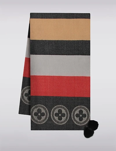 Écharpe Oblong à Blocs de Couleur Motif Monogram & Pompons en Fausse Fourrure