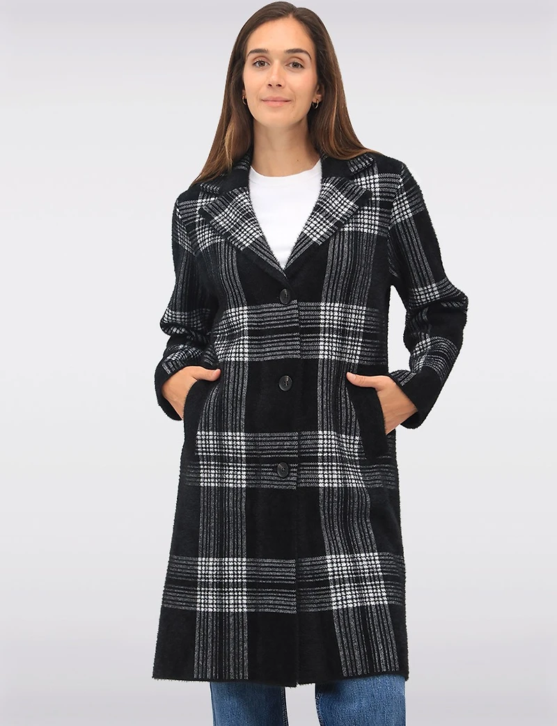Manteau Tricoté à Col Cranté Motif Carreaux & Simple Boutonnage par Vince Camuto
