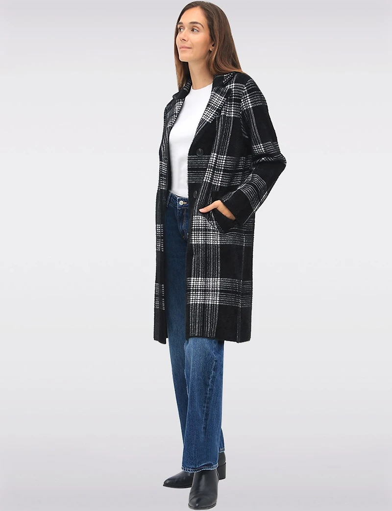 Manteau Tricoté à Col Cranté Motif Carreaux & Simple Boutonnage par Vince Camuto