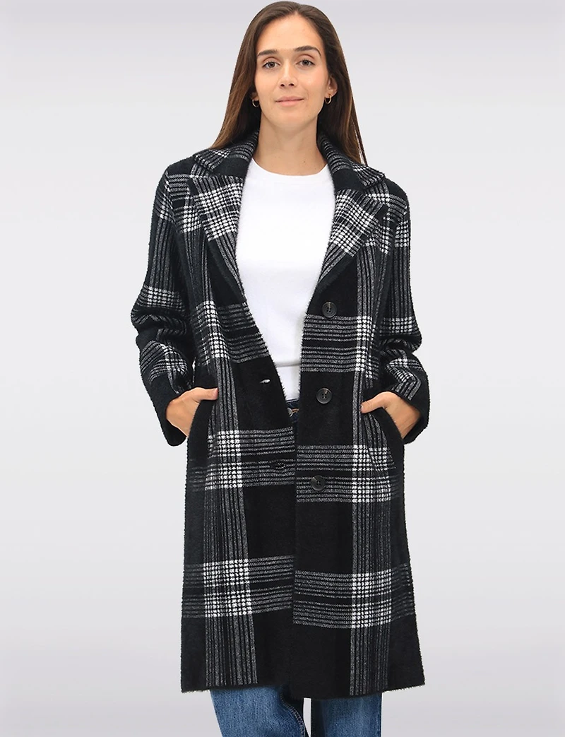 Manteau Tricoté à Col Cranté Motif Carreaux & Simple Boutonnage par Vince Camuto