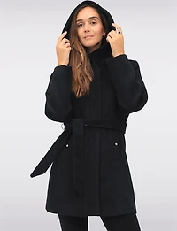 Manteau Chic à Capuche Imitation Melton Vegan Ceinture Amovible par Point Zero