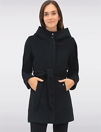 Manteau Chic à Capuche Imitation Melton Vegan Ceinture Amovible par Point Zero