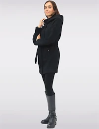 Manteau Chic à Capuche Imitation Melton Vegan Ceinture Amovible par Point Zero