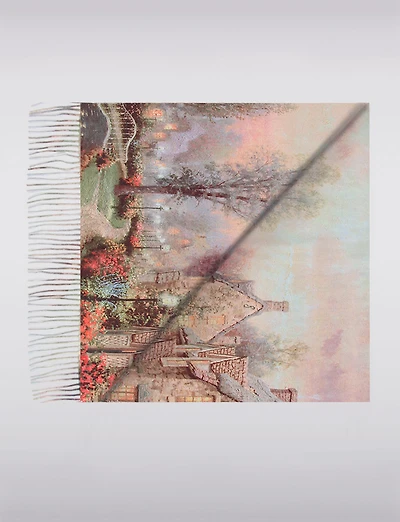 Foulard Oblong Réversible à Motifs de Paysage et Uni avec Franges Délicates
