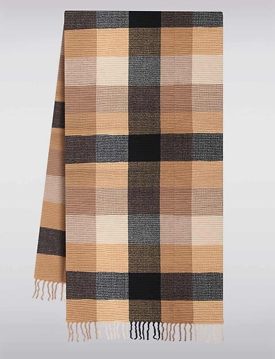 Foulard Cozy à Carreaux Plissés en Mélange de Coton avec Franges