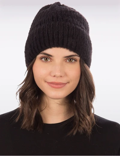 Tuque Noire Classique en Maille Côtelée Douce et Pelucheuse avec Bord Retroussé