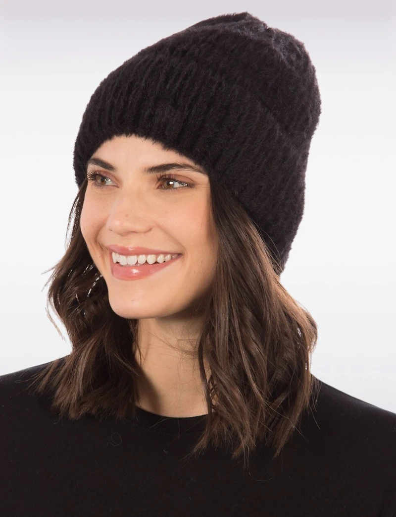 Tuque Noire Classique en Maille Côtelée Douce et Pelucheuse avec Bord Retroussé