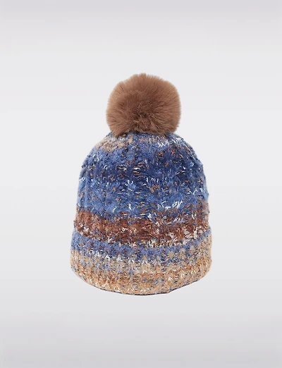 Tuque Multicolore Tricotée Avec Doublure Et Pompon en Fausse Fourrure