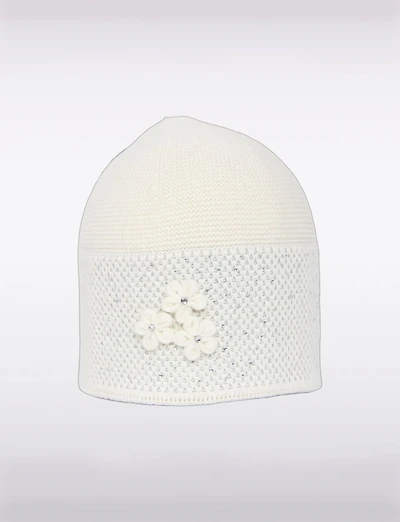 Tuque Tricotée Doublée avec Détail Argenté Appliqué de Fleurs & Strass