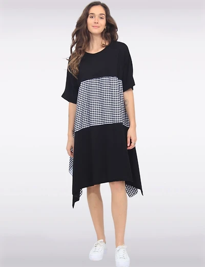 Robe à Manches Courtes Ourlet Asymétrique Patchwork Vichy & Uni par Froccella