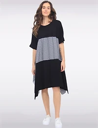 Robe à Manches Courtes Ourlet Asymétrique Patchwork Vichy & Uni par Froccella