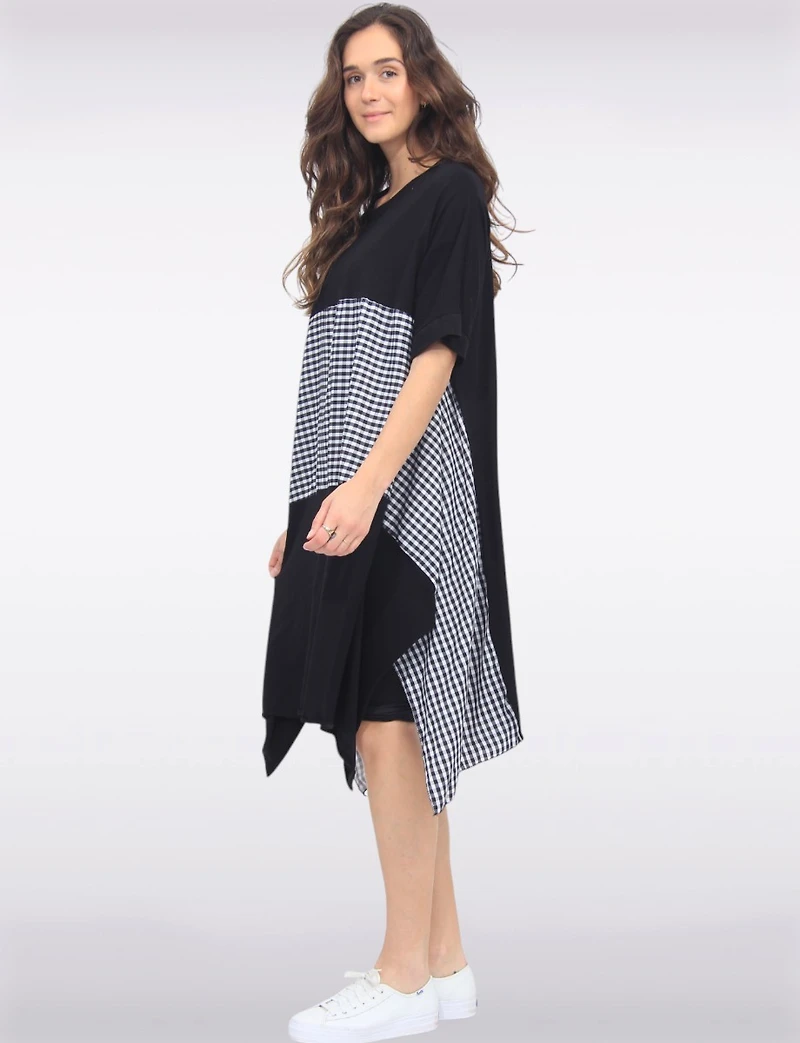 Robe à Manches Courtes Ourlet Asymétrique Patchwork Vichy & Uni par Froccella