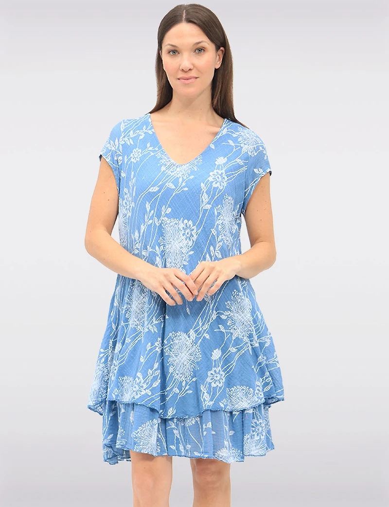Robe Chic en Coton à Deux Niveaux avec Imprimé Floral et Col V par Froccella
