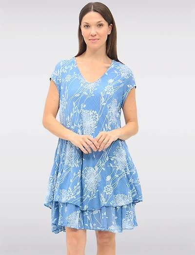 Robe Chic en Coton à Deux Niveaux avec Imprimé Floral et Col V par Froccella