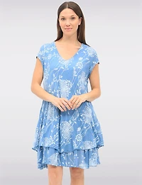Robe Chic en Coton à Deux Niveaux avec Imprimé Floral et Col V par Froccella
