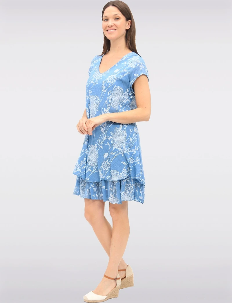 Robe Chic en Coton à Deux Niveaux avec Imprimé Floral et Col V par Froccella