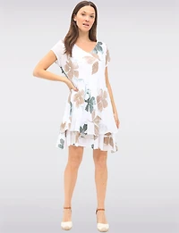 Robe Coton à Deux Niveaux avec Imprimé Feuilles & Manches Courtes par Froccella