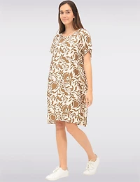 Robe Décontractée à Fleurs Mi-Longue en Mélange de Cotton avec Manches Courtes