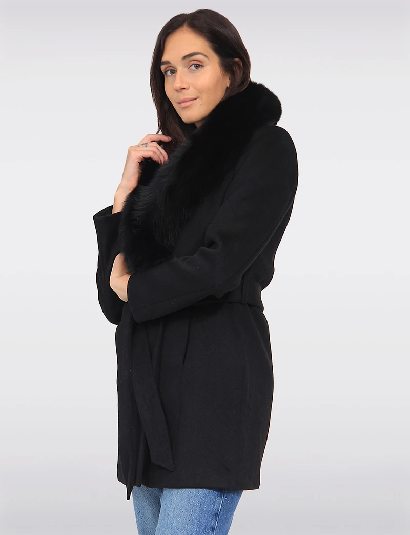 Manteau Ceinturé en Laine Mélangée Col Fourrure Véritable Amovible par Styla