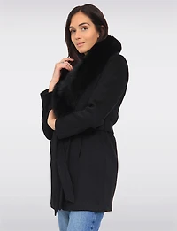Manteau Ceinturé en Laine Mélangée Col Fourrure Véritable Amovible par Styla