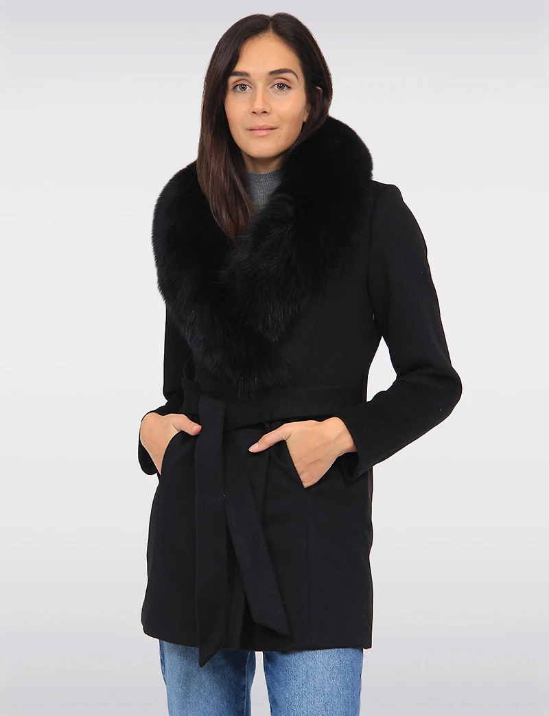 Manteau Ceinturé en Laine Mélangée Col Fourrure Véritable Amovible par Styla