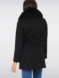 Manteau Ceinturé en Laine Mélangée Col Fourrure Véritable Amovible par Styla