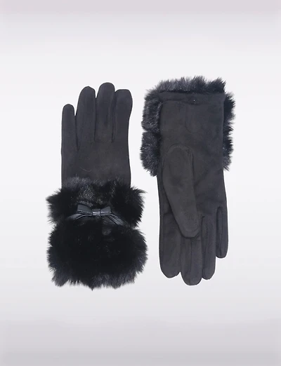 Gants Luxueux Extensible Doux Avec Poignets En Fausse Fourrure & Détail De Nœud
