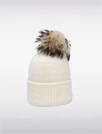 Tuque Douce en Maille Côtelée, Revers et Pompon en Véritable Fourrure Amovible