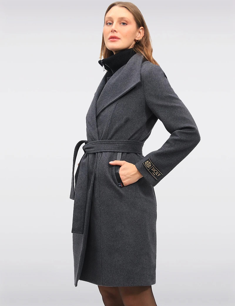 Manteau Long en Mélange de Laine à Col Revers Plastron & Ceinture par Sicily