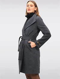 Manteau Long en Mélange de Laine à Col Revers Plastron & Ceinture par Sicily
