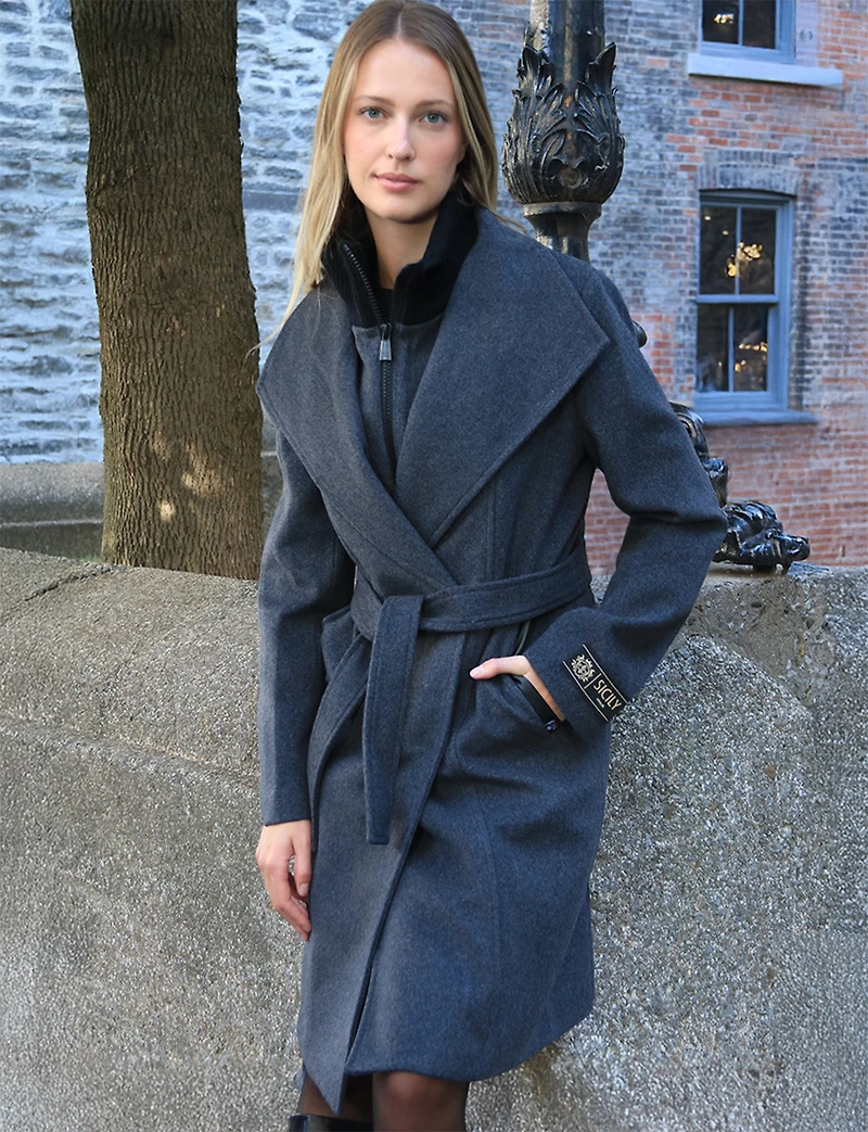 Manteau Long en Mélange de Laine à Col Revers Plastron & Ceinture par Sicily