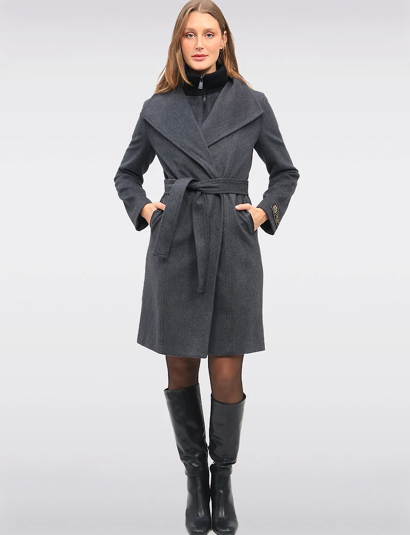 Manteau Long en Mélange de Laine à Col Revers Plastron & Ceinture par Sicily