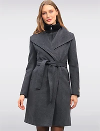 Manteau Long en Mélange de Laine à Col Revers Plastron & Ceinture par Sicily