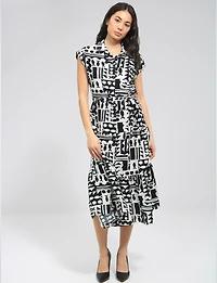 Robe Mi-Longue Rétro Imprimé Abstrait avec Ceinture & Manches Courtes Point Zero