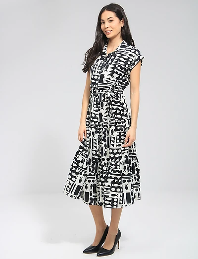 Robe Mi-Longue Rétro Imprimé Abstrait avec Ceinture & Manches Courtes Point Zero